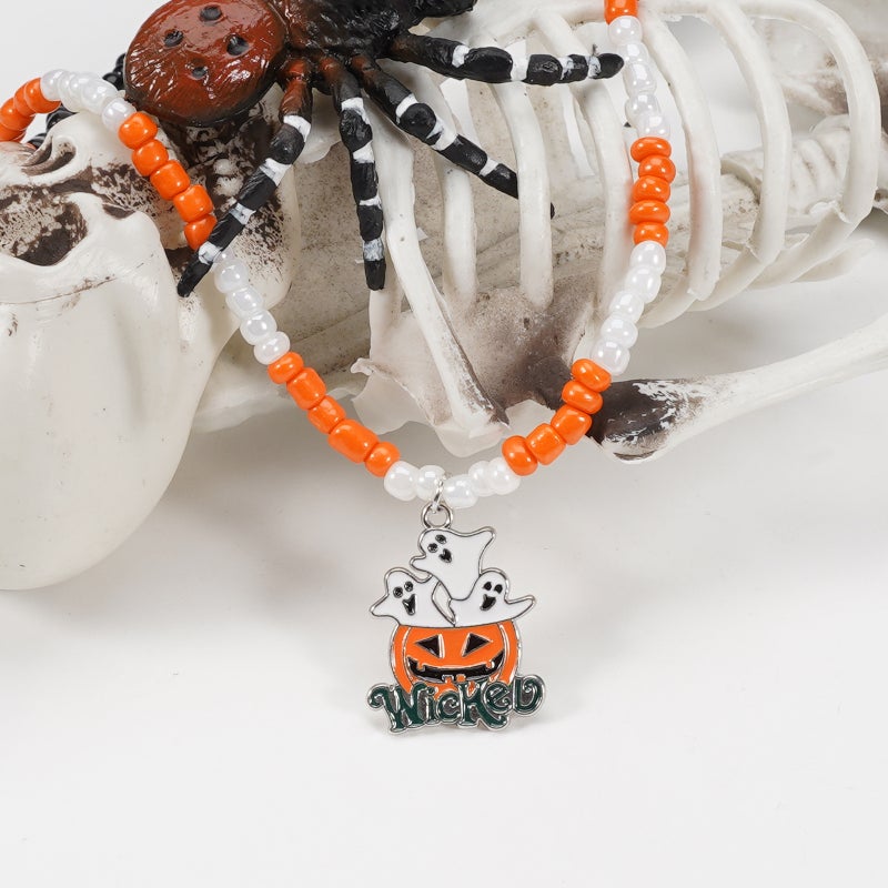 Halloween Necklace Ghost Pumpkin Pendant Rice Bead Handmade Necklace Party Necklace - Image 4